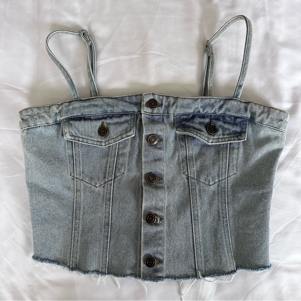 Y2K Denim Corset Crop Top Light Wash Jean‎ Bustier Button Front Women's Medium